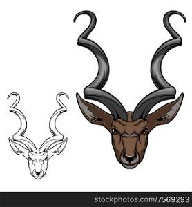 Greater kudu antelope head isolated icon of African gazelle animal with twisted horns, long ears and brown coat fur. Savannah mammal symbol of African safari and hunting sport club design. Kudu antelope animal icon. African gazelle head