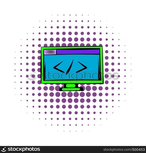 Greater than or less than on the computer monitor icon in comics style on a white background . Greater than or less than on the computer monitor