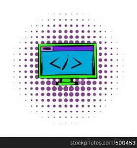 Greater than or less than on the computer monitor icon in comics style on a white background . Greater than or less than on the computer monitor