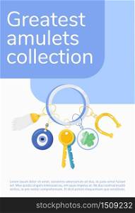 Greatest amulets collection poster flat vector template. Superstitions brochure, booklet one page concept design with cartoon characters. Good luck charms and magical trinkets shop flyer, leaflet