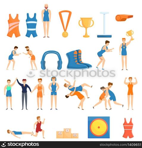 Greco-Roman wrestling icons set. Cartoon set of Greco-Roman wrestling vector icons for web design. Greco-Roman wrestling icons set, cartoon style