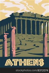 Greece Athens Poster Travel, columns ruins temple antique, old Mediterranean European culture and architecture. Vintage style vector illustration. Greece Athens Poster Travel, columns ruins temple antique, old Mediterranean European culture and architecture