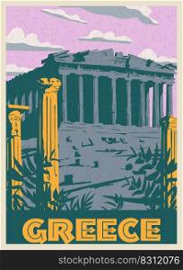 Greece Athens Poster Travel, columns ruins temple antique, old Mediterranean European culture and architecture. Vintage style vector illustration. Greece Athens Poster Travel, columns ruins temple antique, old Mediterranean European culture and architecture