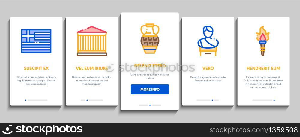 Greece Country History Onboarding Mobile App Page Screen Vector. Greece Flag And Antique Amphora, Building And Boat, Wine Barrel And Grape Color Contour Illustrations. Greece Country History Onboarding Elements Icons Set Vector