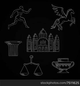 Greece culture and art chalk icons depicting a Greek runner, column capital, pegasus, amphora, scales and temple over a blackboard. Greece culture and art chalk icons