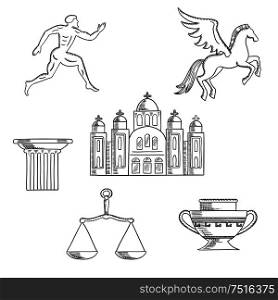 Greece culture and history icons with Greek runner, capital on a column, pegasus and amphora, scales and temple. Greece culture and history icons