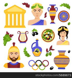 Greece decorative icons set with antique temple salad olive oil isolated vector illustration