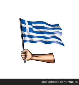 Greece flag and hand on white background. Vector illustration.. Greece flag and hand on white background. Vector illustration