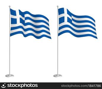 Greece flag on flagpole waving in the wind. Holiday design element. Checkpoint for map symbols. Isolated vector on white background