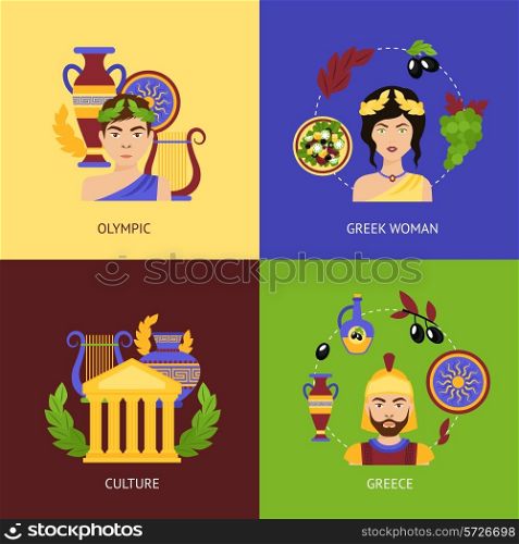 Greece flat icons set with olympic greek woman culture isolated vector illustration