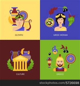 Greece flat icons set with olympic greek woman culture isolated vector illustration