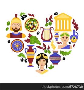 Greece history classical antique culture architecture and decoration symbols in heart shape vector illustration
