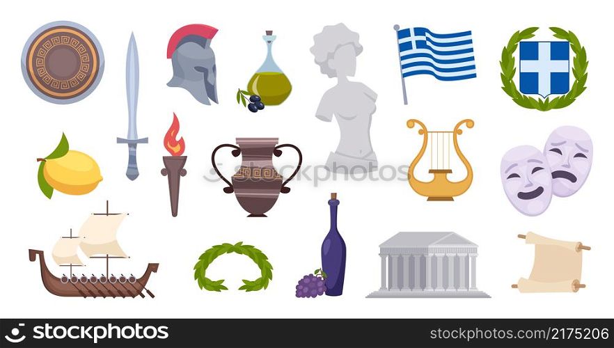 Greece objects. Traditional ancient old greek landmarks and symbols authentic flag wine ship olive pictures exact vector set for travellers. Greece ancient, greek old architecture and elements. Greece objects. Traditional ancient old greek landmarks and symbols authentic flag wine ship olive pictures exact vector set for travellers