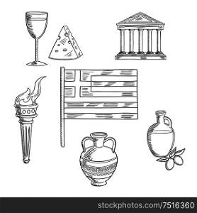 Greece traditional symbols and objects with national flag, Parthenon temple and ancient amfora, torch with flame and olive oil, wine and cheese. Traditional Greece symbols and culture objects