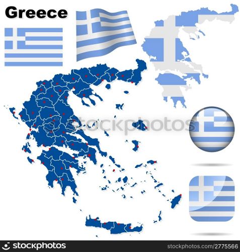 Greece vector set. Detailed country shape with region borders, flags and icons isolated on white background.