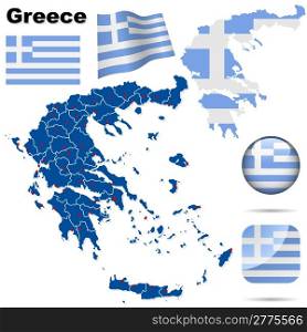 Greece vector set. Detailed country shape with region borders, flags and icons isolated on white background.