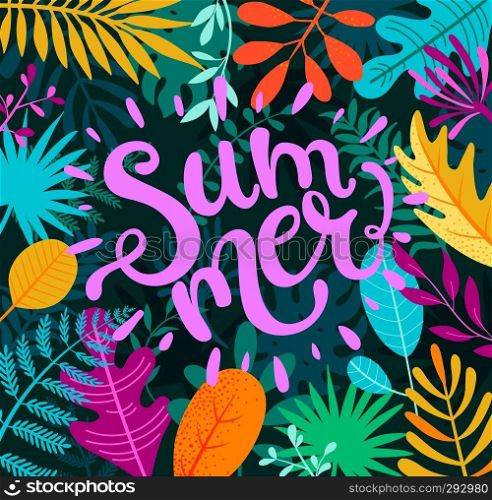 Greeing summer 2019 banner, card, poster , handdrawn lettering among tropical palm leaves. Summertime background with tropical plants and flower.Template for your design. Vector illustration.. Greeting summer 2019 lettering on tropical leaves.