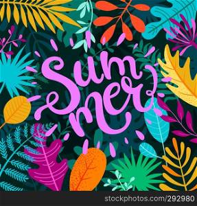 Greeing summer 2019 banner, card, poster , handdrawn lettering among tropical palm leaves. Summertime background with tropical plants and flower.Template for your design. Vector illustration.. Greeting summer 2019 lettering on tropical leaves.