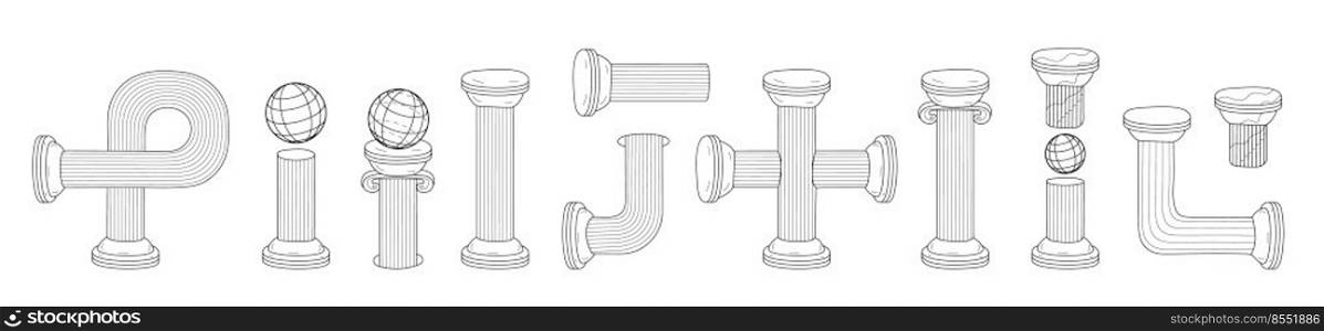 Greek ancient column set vector. Antique pillar in line style. Roman pedestal outline illustration in black color. Trendy, futuristic. Greek ancient column set vector. Antique pillar in line style. Roman pedestal outline illustration i