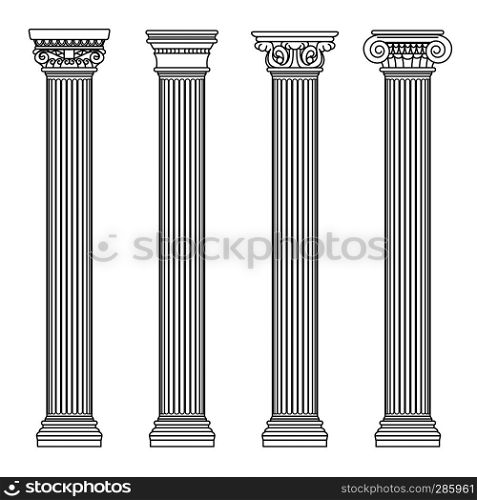 Greek and roman architecture classic stone colomns. Outline vector illustration. Architecture column and pillar ancient. Greek and roman architecture classic stone colomns. Outline vector illustration