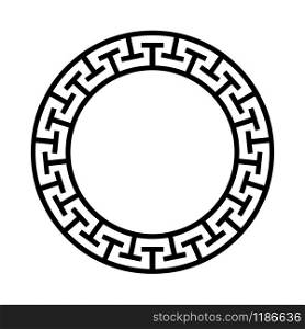 Greek circle ornament. Round greece icon with black maze frame. Ethnic vector illustration. Meander antique ring with insignia relief of ancient goddess