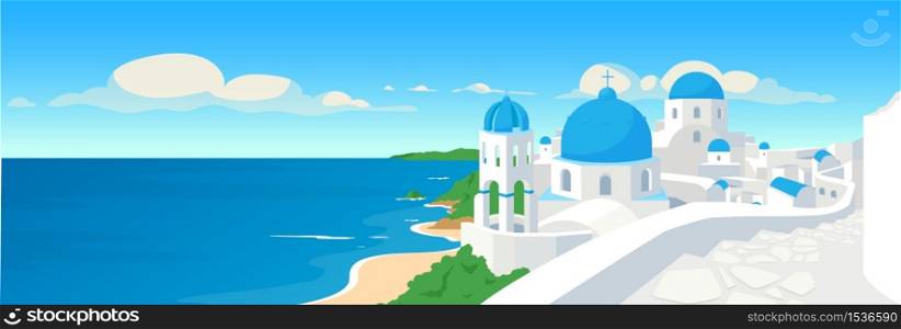 Greek coastal town flat color vector illustration. Summer holiday in Greece. Mediterranean vacation. Traditional white buildings. Santorini panoramic 2D cartoon with seascape on background. Greek coastal town flat color vector illustration