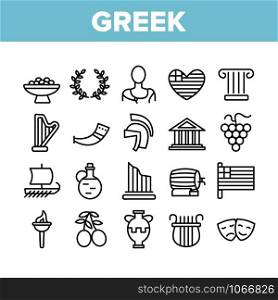 Greek Country Nation Cultural Icons Set Vector Thin Line. Harp And Greek Column, Parthenon And Amphora, Vase And Statue, Olives And Grape Concept Linear Pictograms. Monochrome Contour Illustrations. Greek Country Nation Cultural Icons Set Vector
