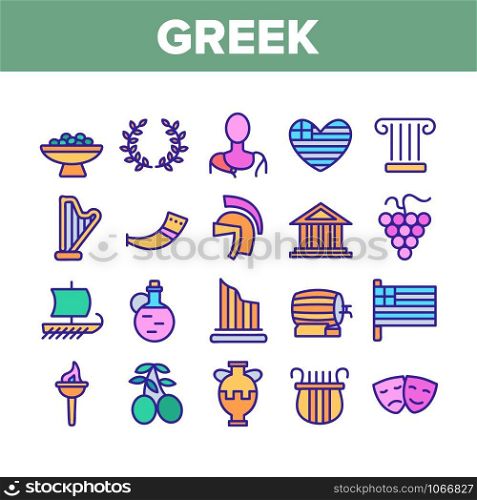 Greek Country Nation Cultural Icons Set Vector Thin Line. Harp And Greek Column, Parthenon And Amphora, Vase And Statue, Olives And Grape Concept Linear Pictograms. Color Contour Illustrations. Greek Country Nation Cultural Icons Set Vector