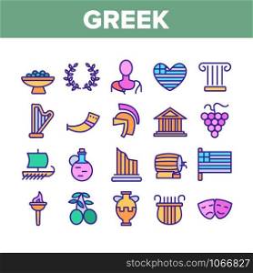 Greek Country Nation Cultural Icons Set Vector Thin Line. Harp And Greek Column, Parthenon And Amphora, Vase And Statue, Olives And Grape Concept Linear Pictograms. Color Contour Illustrations. Greek Country Nation Cultural Icons Set Vector