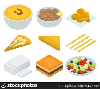 Greek cuisine icons set. Isometric set of Greek cuisine vector icons for web design isolated on white background. Greek cuisine icons set, isometric style