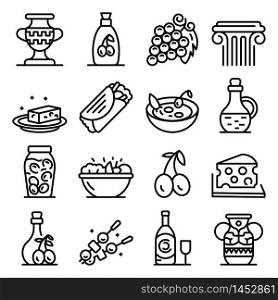 Greek cuisine icons set. Outline set of Greek cuisine vector icons for web design isolated on white background. Greek cuisine icons set, outline style