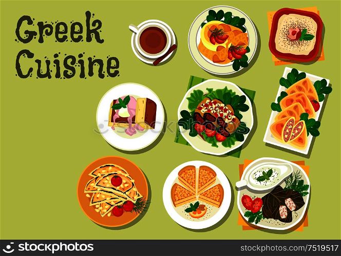 Greek cuisine lunch dishes icon with meat stew, garlic bread, stuffed grape leaf, tzatziki sauce, fish roe salad, eggplant roll, almond cake, beef and feta pie and honey cake with ice cream. Greek cuisine lunch dishes for menu design