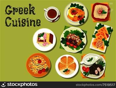 Greek cuisine lunch dishes icon with meat stew, garlic bread, stuffed grape leaf, tzatziki sauce, fish roe salad, eggplant roll, almond cake, beef and feta pie and honey cake with ice cream. Greek cuisine lunch dishes for menu design