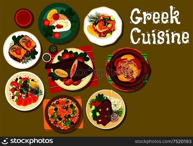 Greek cuisine stuffed flounder fish icon with seafood risotto, baked lamb shank, octopus salad with dried fruit, potato lamb stew, fried sea perch, fish roll stuffed feta, eggplant stew moussaka. Greek cuisine dishes with fish and lamb icon