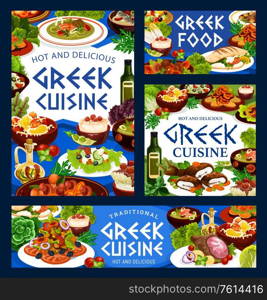 Greek cuisine vector food of vegetable, fish, meat and seafood with rice dessert. Beef stew stifado, salad with tomato, olives and feta cheese, baked lamb, cod and peppers, fish soup, grilled shrimp. Greek cuisine food, vegetable, fish, meat, seafood