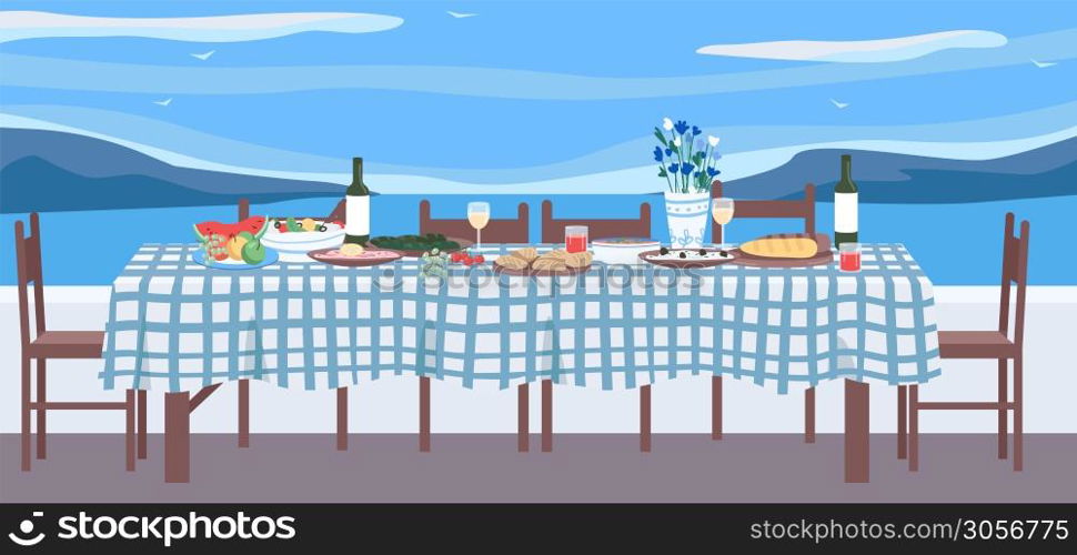 Greek dinner flat color vector illustration. Table with national cuisine. Traditional culinary in Greece for recreation and getaway. Festive furniture 2D cartoon object with seascape on background. Greek dinner flat color vector illustration