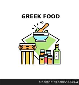 Greek food mediterranean cuisine. greece menu. table pita. top meat. plate lunch. Greek food vector concept color illustration. Greek food icons vector illustrations