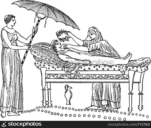 Greek funeral bed, vintage engraved illustration.