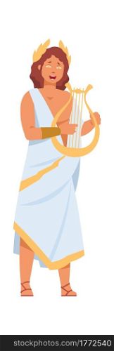 Greek god Apollo. Cartoon ancient Greece deity of art. Divine man playing lyre. Isolated religious male character in white toga and golden wreath. Vector standing person with gold musical instrument. Greek god Apollo. Cartoon ancient Greece deity of art. Divine man playing lyre. Religious male character in white toga and golden wreath. Vector person with gold musical instrument