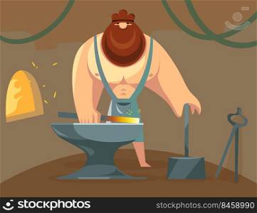Greek god Hephaestus forging iron in his anvil. Cartoon vector illustration. God blacksmith working hard with fire and weapons. Mythology, Greece, blacksmithing, history concept for banner design