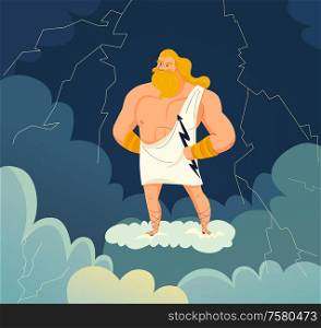 Greek god of sky and thunder zeus holding lightning cartoon vector illustration