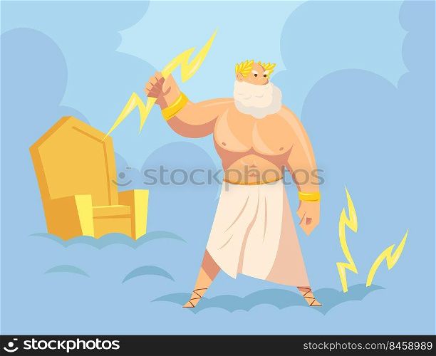 Greek god Zeus throwing lightnings from heaven. Cartoon vector illustration. Major Ancient God of sky, thunder and lightning with golden throne in background. Mythology, Greece, polytheism concept