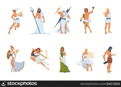 Greek gods and goddesses set. Athena, Hermes, Venus, Poseidon, Zeus, Dionysus, Artemis, Hephaestus, Demeter, Apollo. Vector illustration for ancient Greece, mythology, culture concept