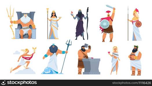 Greek gods. Cartoon ancient mythology characters, vector Zeus Ares a Poseidon gods and goddess isolated on white background. Cartoon image history character Greek culture collection. Greek gods. Cartoon ancient mythology characters, vector Zeus Ares a Poseidon gods and goddess isolated on white background
