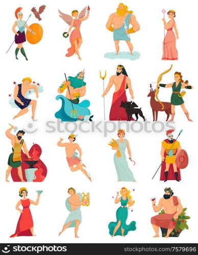 Greek gods cartoon icons set with zeus poseidon hera apollo aphrodite ares hades isolated on white background vector illustration