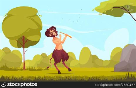 Greek mythological creatures cartoon composition with young satyr centaur nature spirit playing flute in grassy meadow vector illustration
