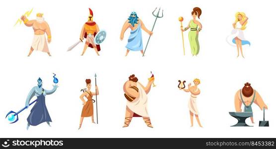 Greek mythology characters collection. Athena, Hephaestus, Ares, Poseidon, Zeus, Dionysus, Hephaestus, Aphrodite, Apollo. Vector illustration for ancient gods, Greece, religious culture concept