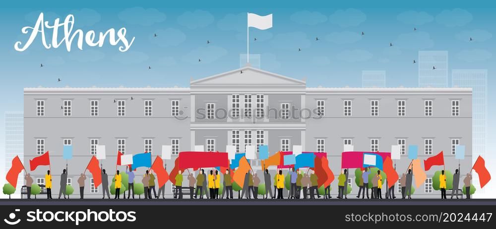 Greek protesting in front of the Greek Parliament in Athens,Greece. Vector illustration