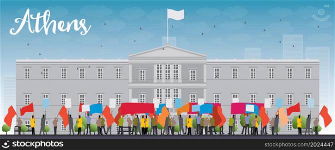 Greek protesting in front of the Greek Parliament in Athens,Greece. Vector illustration