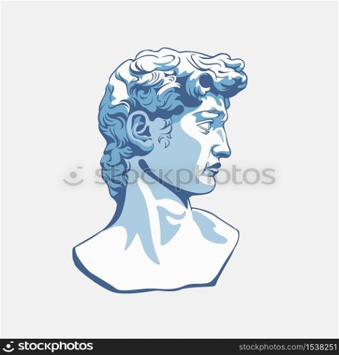 Greek sculpture cartoon male head vector graphic illustration. Antique statue bust of ancient man character isolated on white background. Face of gypsum museum exhibit. Greek sculpture cartoon male head vector graphic illustration
